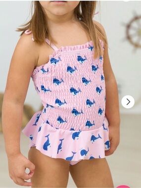 Ruffle Butts Pink Swim One-Piece with Blue Whale Print